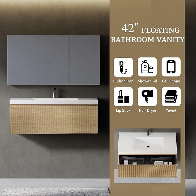 Modern 42'' Floating Bathroom Vanity Sink Combo, Wall-Mounted Striped Cabinet - Image 3