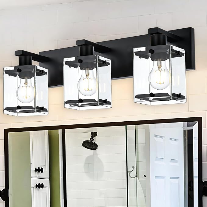 3-Light Black Bathroom Light Fixture Over Mirror, Vanity Wall Lighting by WINSHENLighting