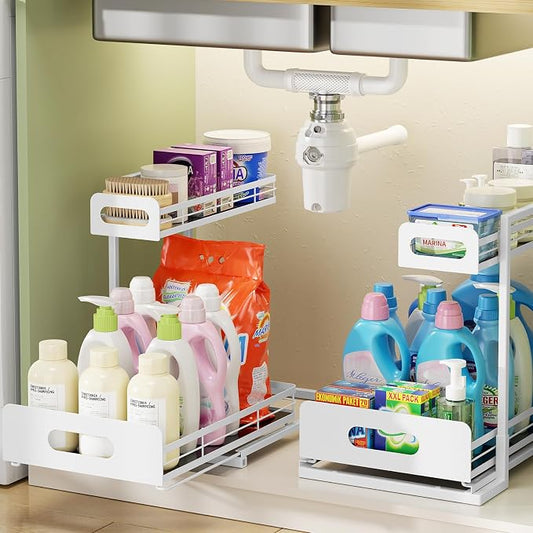 Delamu 2 Pack Metal Bathroom Organizers and Storage, 2 Tier Pull Out Under Sink by DELAMU