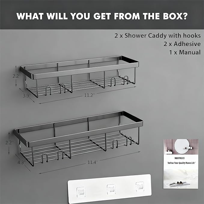 Moforoco Shower Caddy Shelf Organizer Rack, Self Adhesive Black Bathroom - Image 2