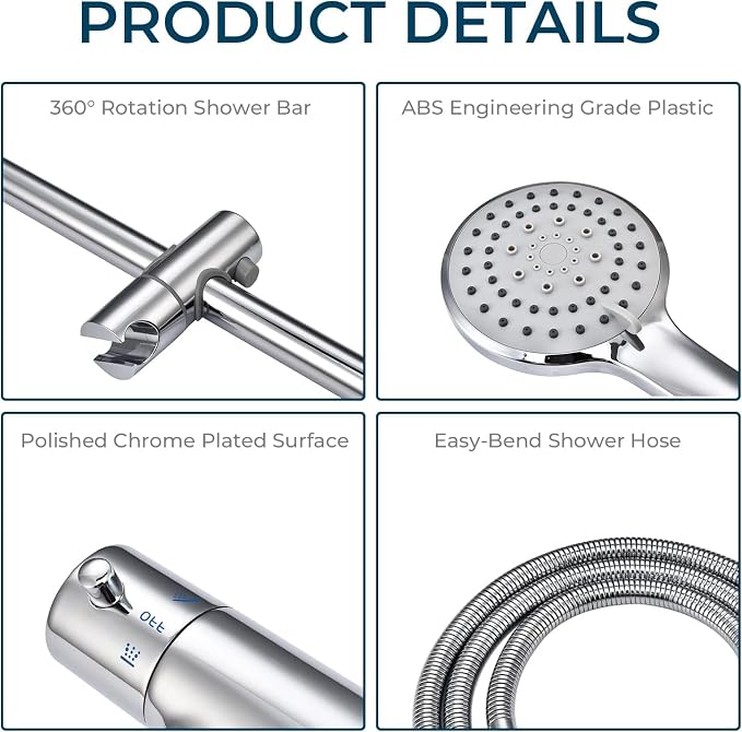 Outdoor Shower Faucet Set 8" Round Shower Head 3 Function Thermostatic Rainfall - Image 6