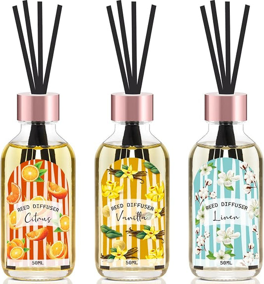 Reed Diffuser Set of 3 Pack, Linen Vanilla Citrus Scented Oil Diffuser by THEGOODSOULPROJECT