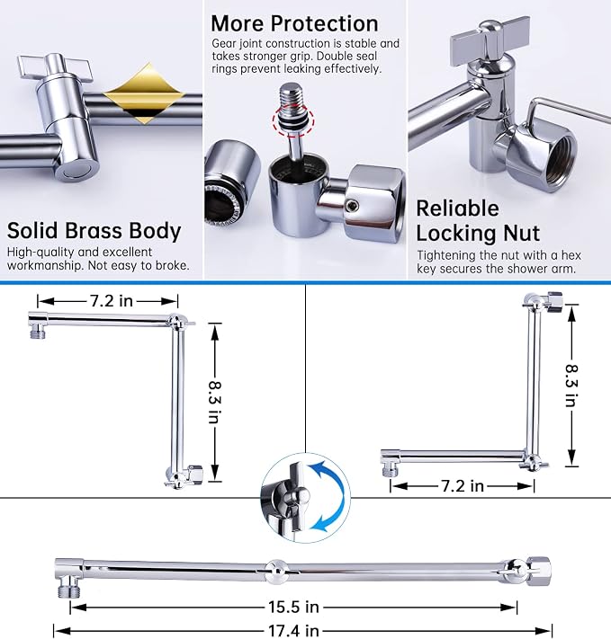 G-Promise 16 Inch Shower Head Extension Arm, Solid Brass Height & Angle - Image 3