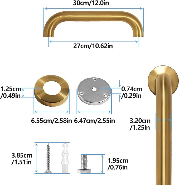Shower Grab Bar, 2 Pack 12 Inch Gold Bathroom Safety Bar, 1.25" Diameter 304 - Image 2