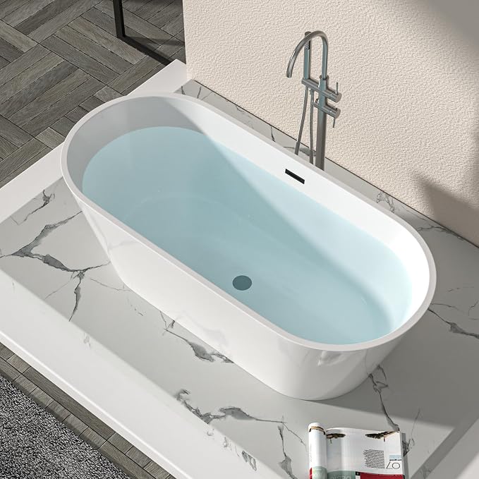 Logmey 67 Inch White Acrylic Freestanding Bathtub Oval Shape Soaking Tub - Image 3