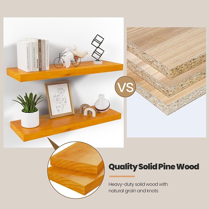 Pine Floating Wall Shelves Set of 2, 16 Inches Long x 8”x 1.4” Shelf Floating - Image 4
