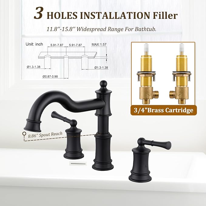 Roman Tub Faucet Classic Widespread Deck Mount Bathtub Faucet 3 Holes Brass - Image 2
