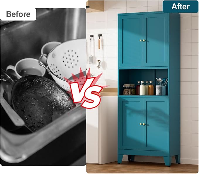 Metal Kitchen Pantry Cabinet, Freestanding Cupboards - Image 7