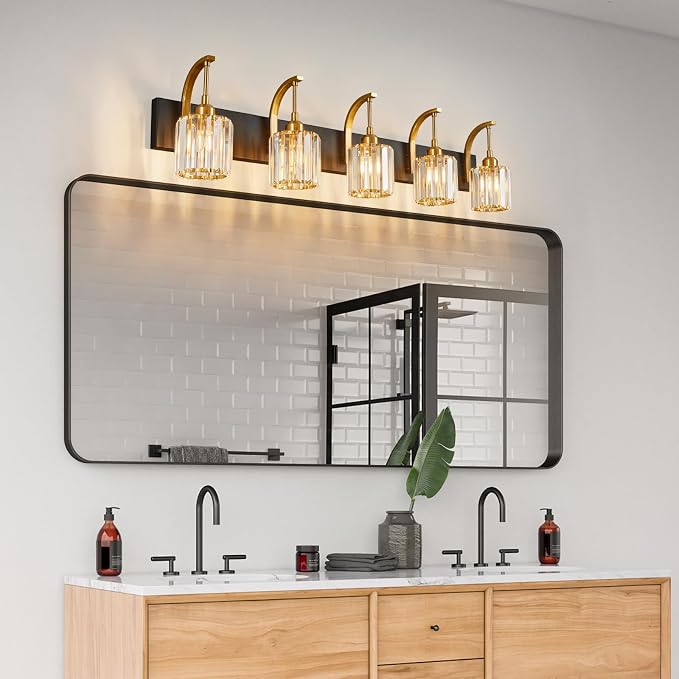 5-Light Crystal Vanity Light, Modern Black Gold Bathroom Wall Sconce - Image 3