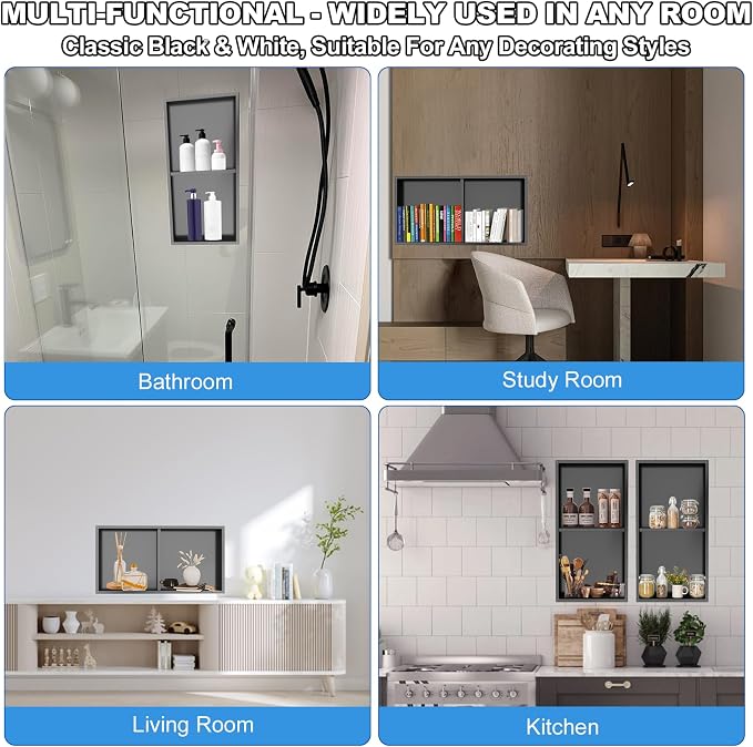 304 Stainless Steel Shower Niche Insert-Glossy Black 24 x 12" No Tile Needed - Image 5