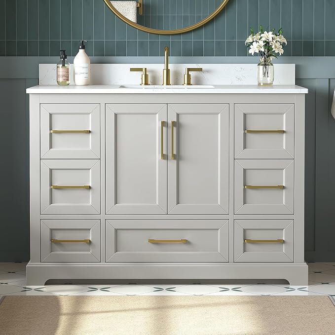 48 Inch Bathroom Vanity with Sink Combo, Solid Wood Frame with Mable Top by DELUXELIVING