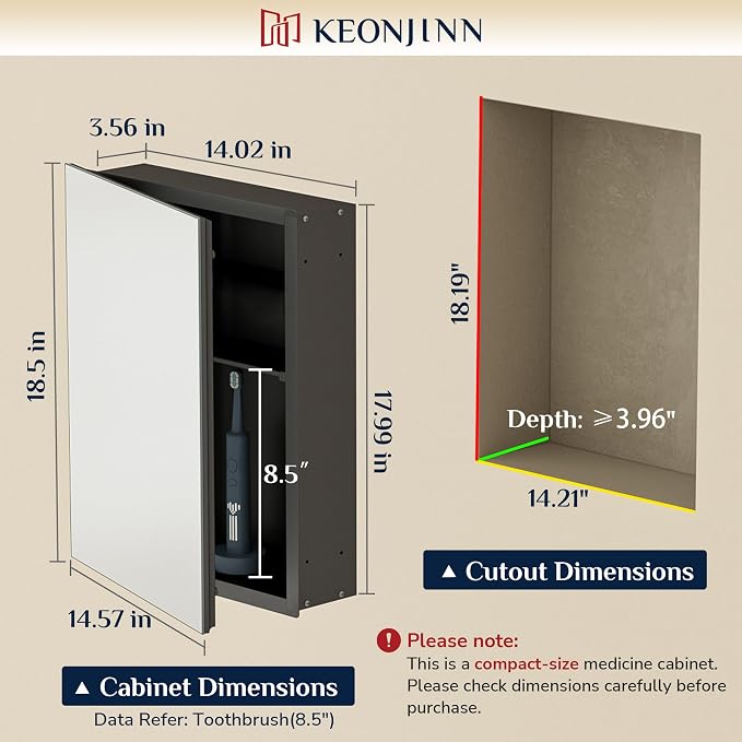 Keonjinn Small Black Medicine Cabinet 14.5 x 18.5 Inch, Assembly Needed - Image 2