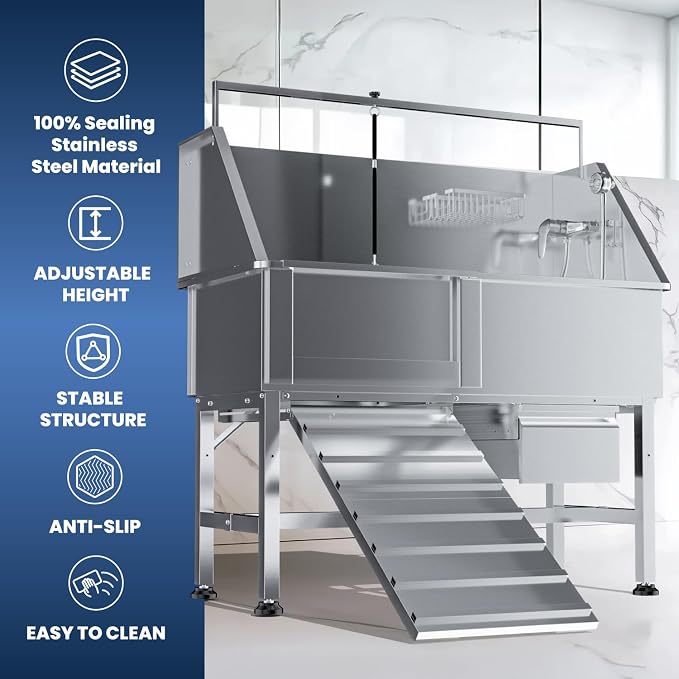 46" Dog Washing Station, Professional Stainless Steel Dog Bathtub w/Ramp & - Image 3
