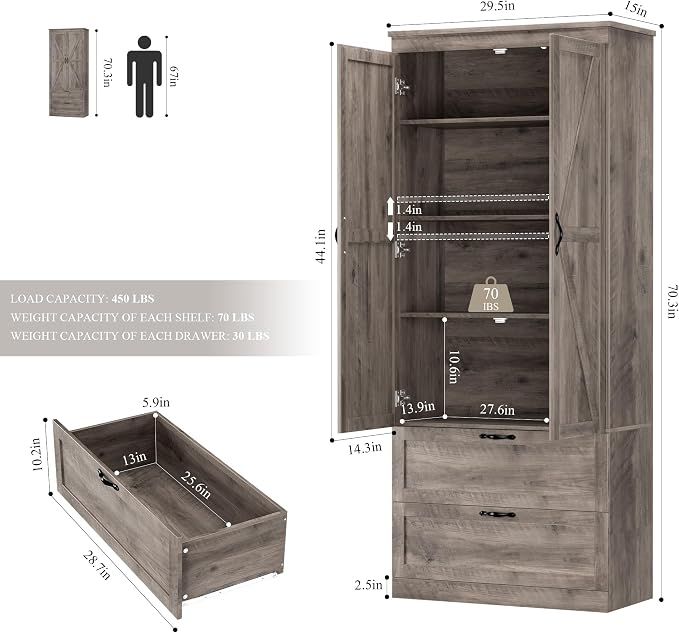 HOSTACK 70" Tall Kitchen Pantry Storage, Barn Doors Pantry Cabinet - Image 3