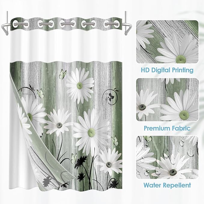 No Hook Green Daisy and Butterfly Shower Curtain - Image 2