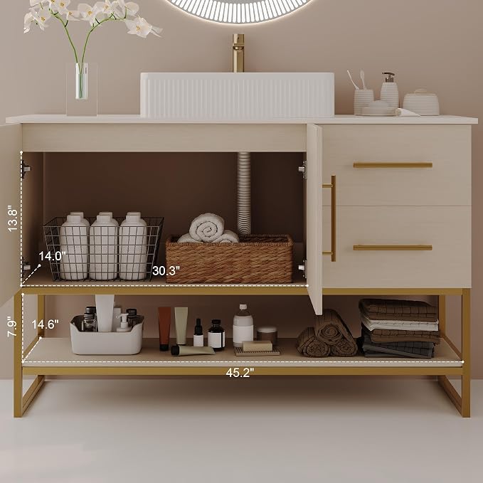 47.2" Bathroom Vanity with Sink Combo Set, Solid Wood Frame Bathroom Storage - Image 3