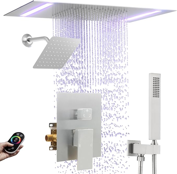 Rain Shower Head System with 14x20 Inch Ceiling Mount LED Head & 6 Inch Wall by NPYSVSSS