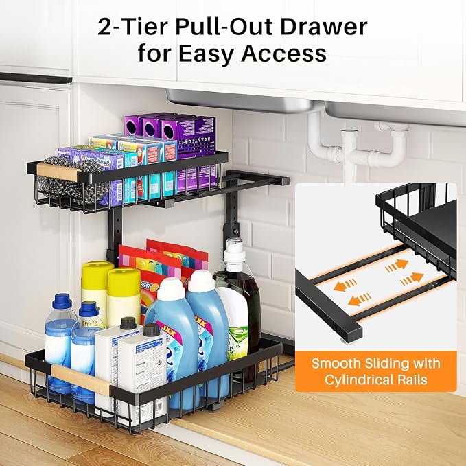 PXRACK 2 Pack Under Sink Organizer, Adjustable Height, 2 Tier Pull Out Under - Image 5