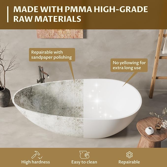 GarveeLife Freestanding Solid Surface Bathtub 67 Inch – Matte White Deep - Image 3