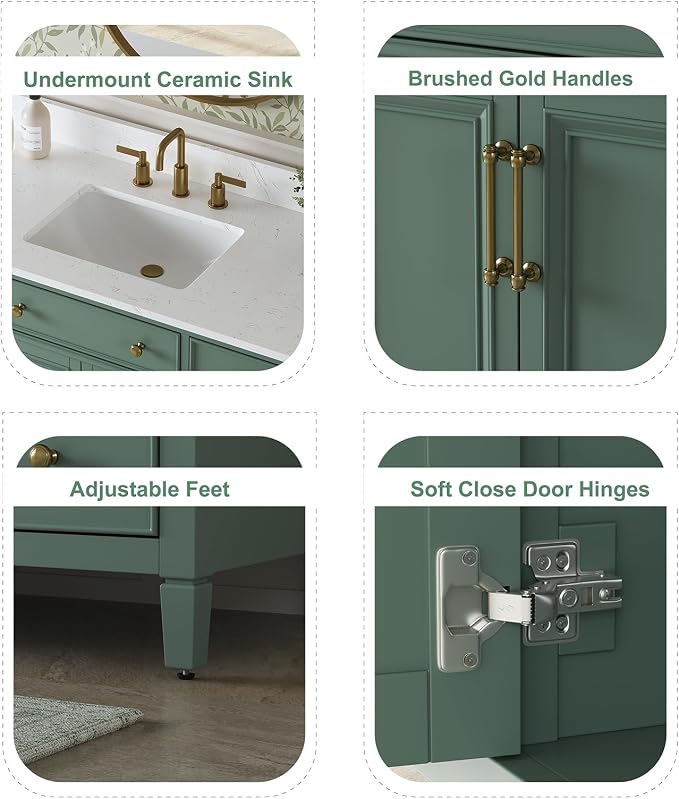 48" Bathroom Vanity with Sink, Sea Green Painted Vanity with Countertop & - Image 6