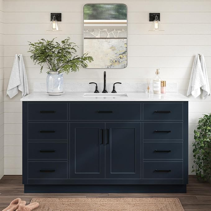 ARIEL Bathroom Vanity 61" Midnight Blue, Italian Carrara Marble Countertop & - Image 3