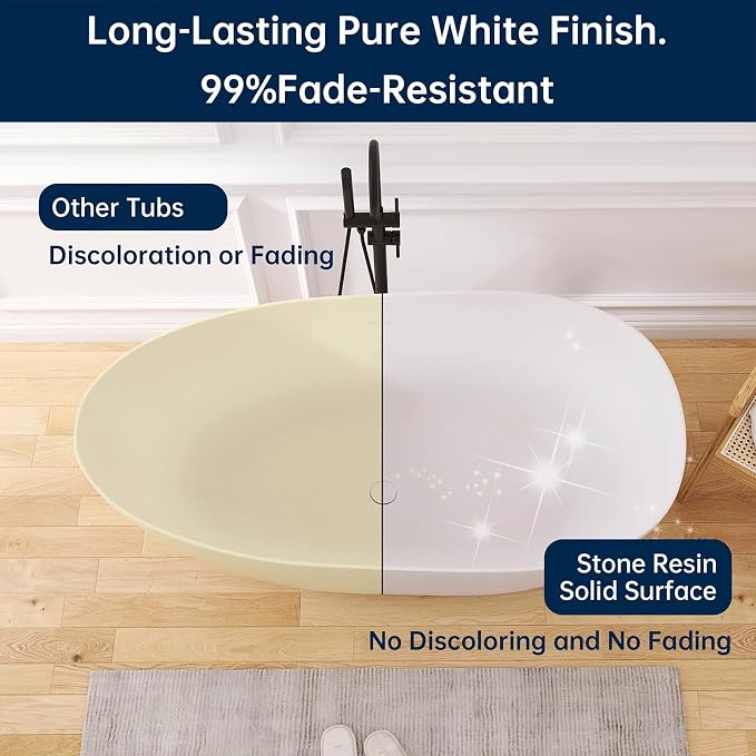 59" Stone Resin Freestanding Bathtub, Oval Solid Surface Bathroom Freestanding - Image 4