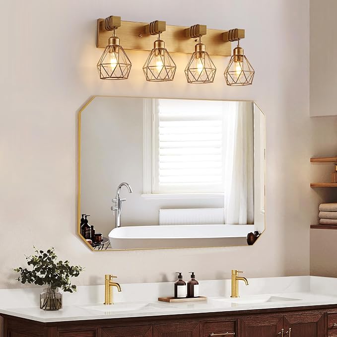 Farmhouse Bathroom Light Fixtures, 4-Light Gold Bathroom Vanity Light, Rustic - Image 2