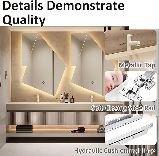 Double Basin Floating Bathroom Vanity, LED Defogging Mirror, Striped 3 Drawers - Image 5