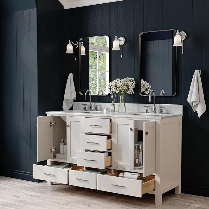 ARIEL Cambridge 61 Inch Grey Bathroom Vanity Double Sink, Solid Wood, Carrara - Image 4