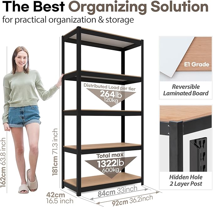 HOMEDANT House 36.2" W 5 Tier Heavy Duty Garage Shelving Adjustable Metal Rack - Image 2