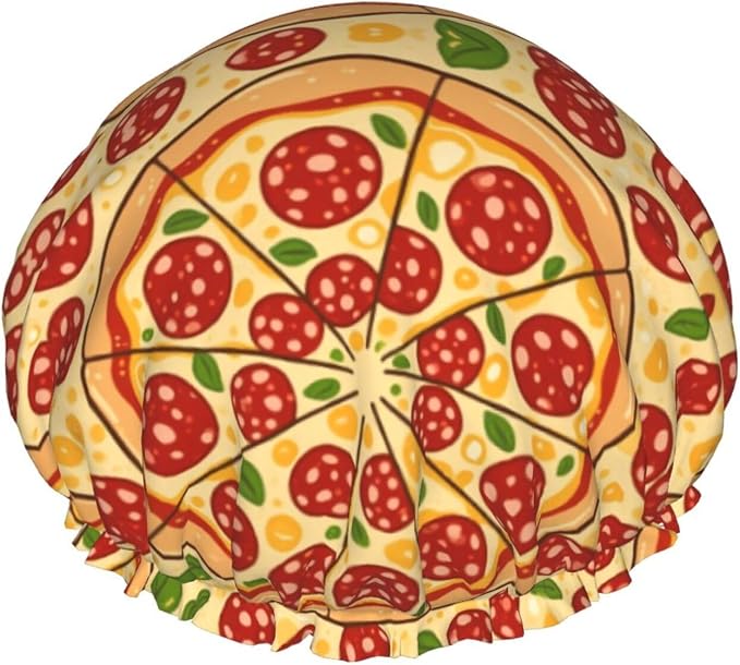 Double Layers Shower Caps for Women, Pepperoni Pizza Art Hair Bath Hat Reusable by Unknown
