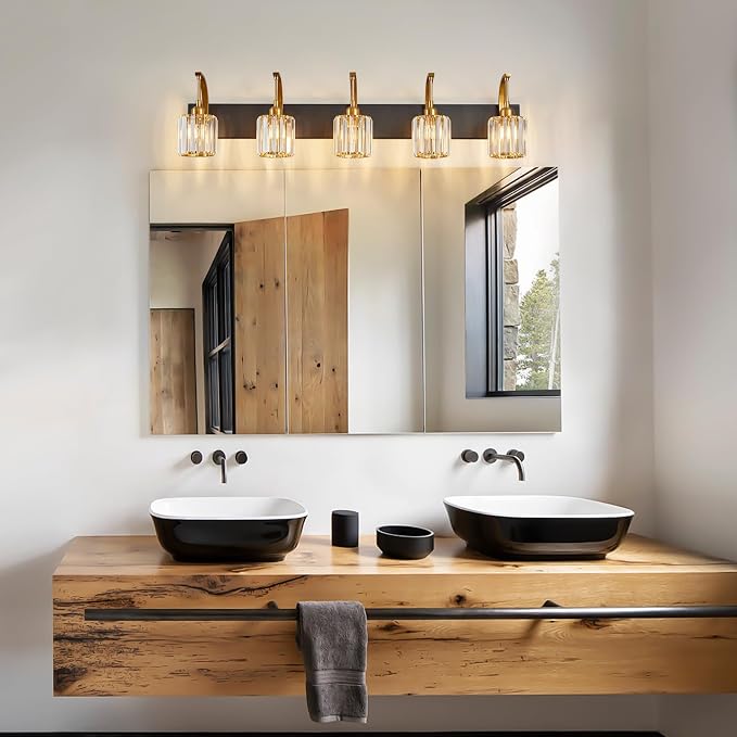 5-Light Crystal Vanity Light, Modern Black Gold Bathroom Wall Sconce - Image 7