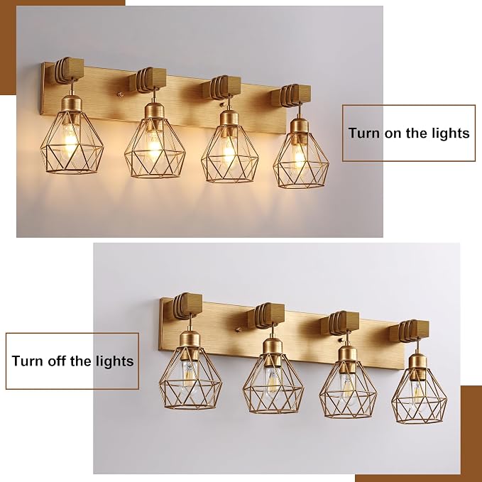 Farmhouse Bathroom Light Fixtures, 4-Light Gold Bathroom Vanity Light, Rustic - Image 5