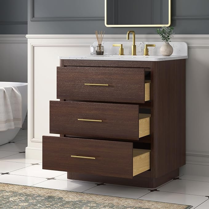30 Inch Bathroom Vanity with Sink, Solid Wood Frame with Engineered Marble - Image 5