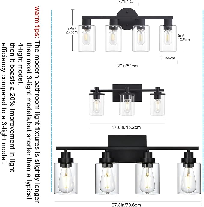 4 Light Bathroom Vanity Light, Matte Black Bathroom Light Fixtures - Image 5