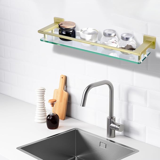 LANC Gold Bathroom Shelf Glass Shelves 20-Inch Floating Tempered Glass Shelf - Image 2