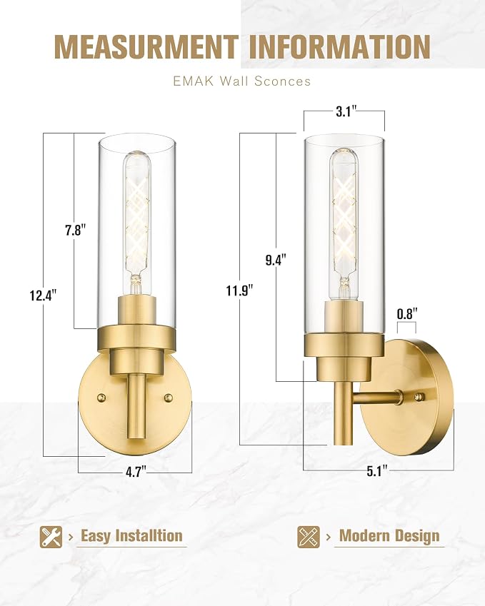 Emak Brushed Gold Sconces Wall Decor Set of 2, Modern Bathroom Light Fixtures - Image 4