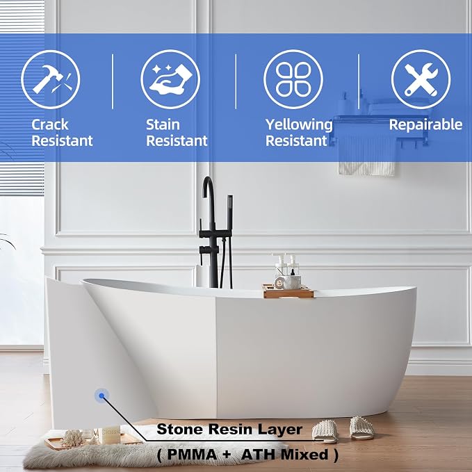 Cpingao Stone Resin Solid Surface 55" Oval Freestanding Bathtub, Modern Stand - Image 2