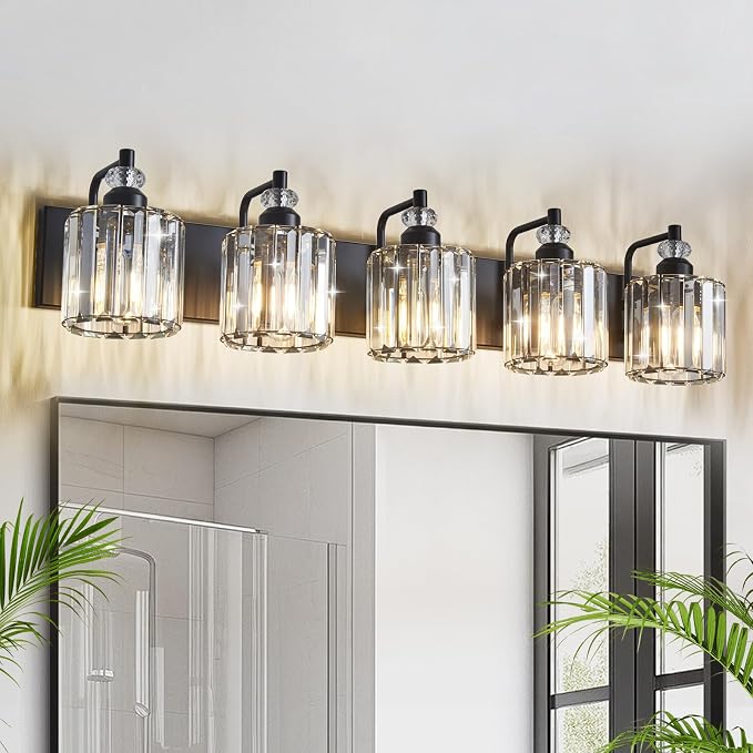5-Light Black Bathroom Light Fixtures Over Mirror Modern Vanity Lights Crystal - Image 2