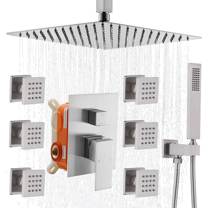 Enga Shower System with Body Jets 12 Inch Ceiling Mounted Rain Shower and by Enga