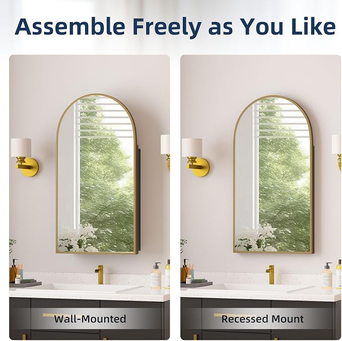 Medicine Cabinets for Bathroom, Brush Gold Arched Medicine Cabinet Recessed or - Image 3