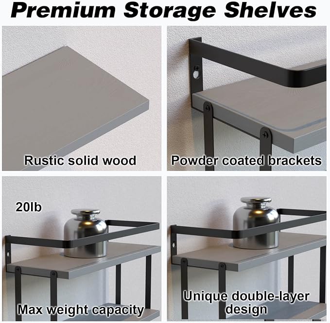RICHER HOUSE 2+1 Tier Wall Mounted Floating Shelves Set of 2, Rustic Wood Wall - Image 3