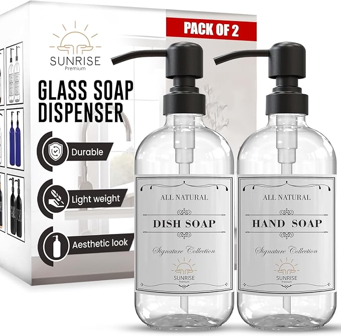 2 Pack Clear Glass Soap Dispenser 16 OZ by SunrisePremium