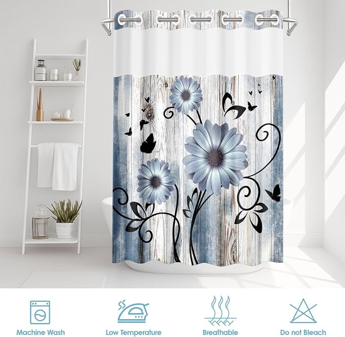 No Hook Blue Flower Shower Curtain - Image 6