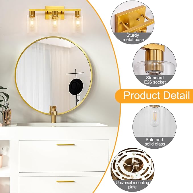 Gold 3-Light Bathroom Vanity Light, Modern Brushed Gold Vanity Lights - Image 2