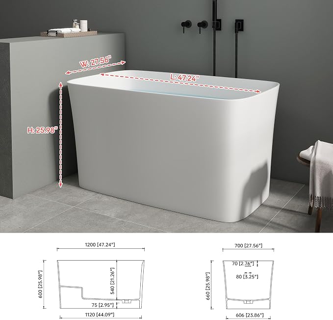 SJ Star&Jane 47" Solid Surface Freestanding Bathtub Japanese Soaking Tub Stone - Image 8