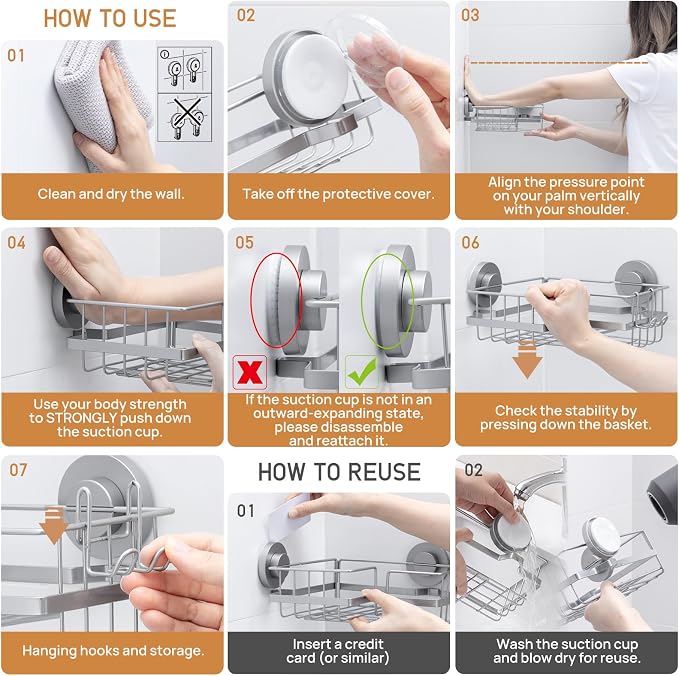 LEVERLOC Corner-adaptive Suction Cup Shower Caddies 2 Pack, Stainless Steel - Image 8