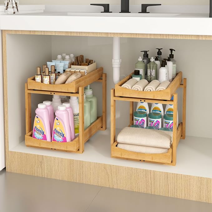 Bamboo Under Sink Organizer and Storage, 2 Pack Pull Out Cabinet Organization by MHXWSXPN