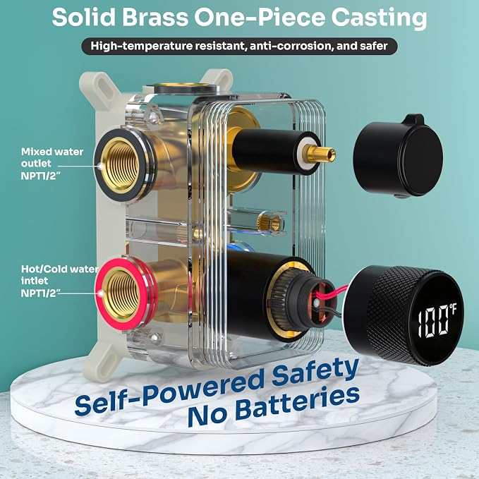 Temperature Display Shower Valve 3 Way Brass Rough-in Mixer and Round Trim Kit - Image 3