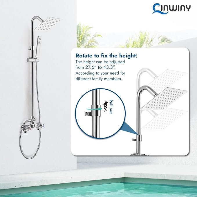 Wall Mount Outdoor Shower Kit Polish Chrome 6" Square Rainfall Shower Head - Image 3